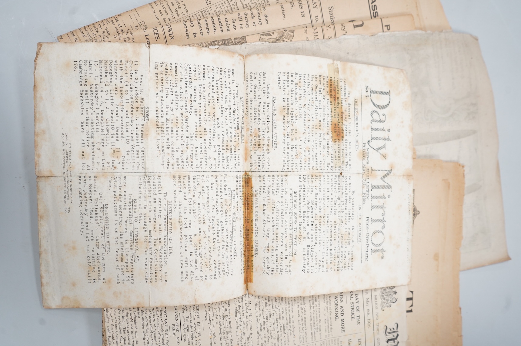 The British Gazette, nos. 1-8 (May 5th-13th, 1926), 4pp. each, large broadsheet; sold with Daily Mirror, no. 3 (Friday, May 7th 1926) and Daily Mail (no. 8186. Thursday May 6th, 1926), both single folded sheets printed o